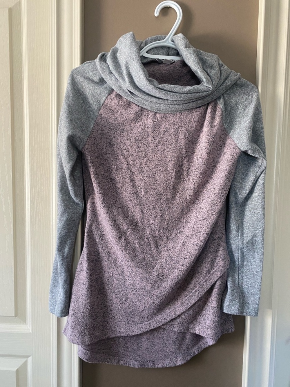 Warehouse Two-Tone Cowl Neck Sweater - Mauve & Light Gray size XS